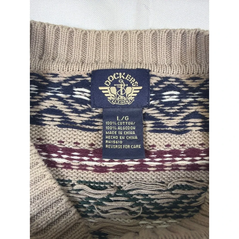 VNTG 90's Dockers Men Large Cotton Fair Isle Crewneck Sweater Tan Green Burgundy